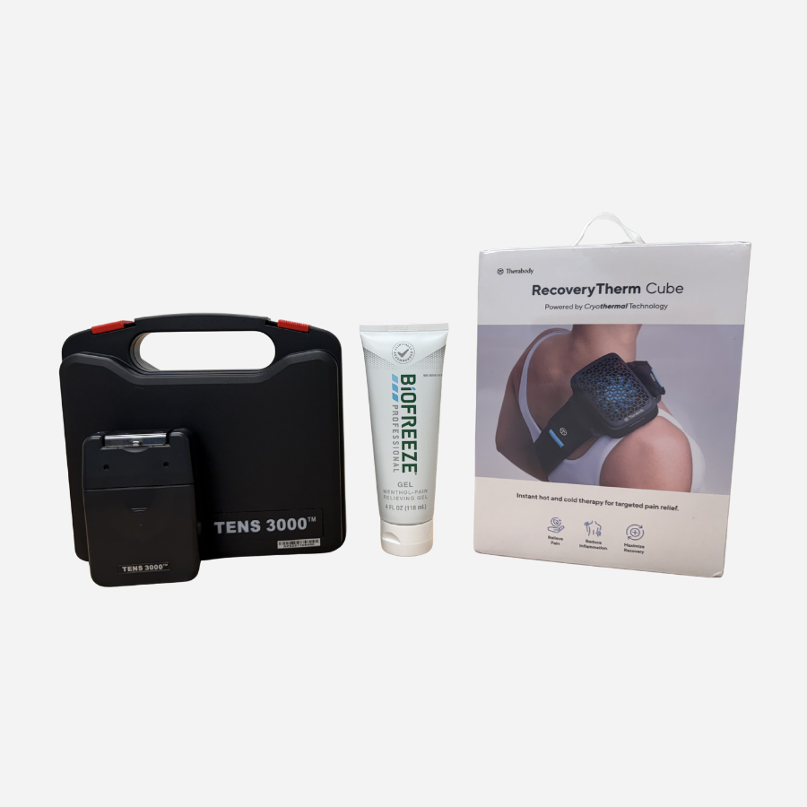 Advanced pain relief bundle with TENS therapy device, Biofreeze gel, and RecoveryTherm Cube hot and cold therapy