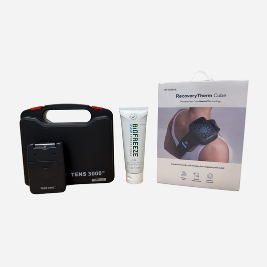 Advanced pain relief bundle with TENS therapy device, Biofreeze gel, and RecoveryTherm Cube hot and cold therapy
