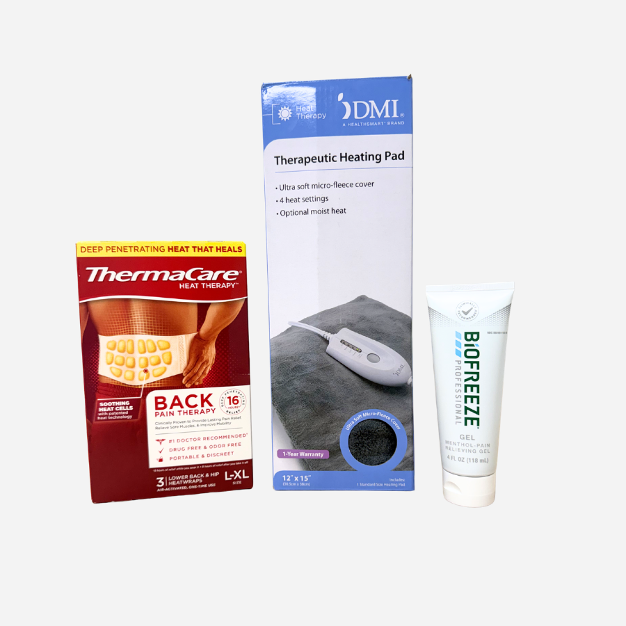 ThermaCare Back Heatwraps, DMI Therapeutic Heating Pad, and Biofreeze Professional Gel — pain relief product bundle group shot