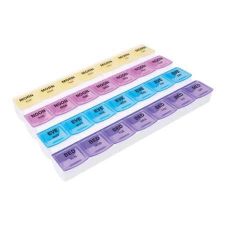 CanDo 7 Day 4 Dose pill organizer with color-coded compartments labeled Morning, Noon, Evening, and Bedtime.