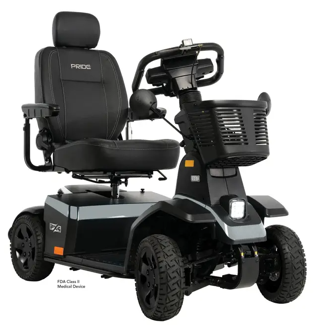 A black and gray electric mobility scooter with a high backrest seat, front basket, and rugged tires, shown on a plain white background. The brand name 'PRIDE' is visible on the backrest.