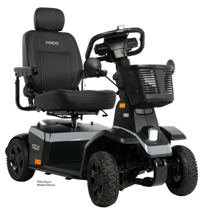 A black and gray electric mobility scooter with a high backrest seat, front basket, and rugged tires, shown on a plain white background. The brand name 'PRIDE' is visible on the backrest.