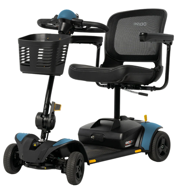 A RIDGELITE electric mobility scooter with a black seat, black basket, and blue accents on a solid white background.