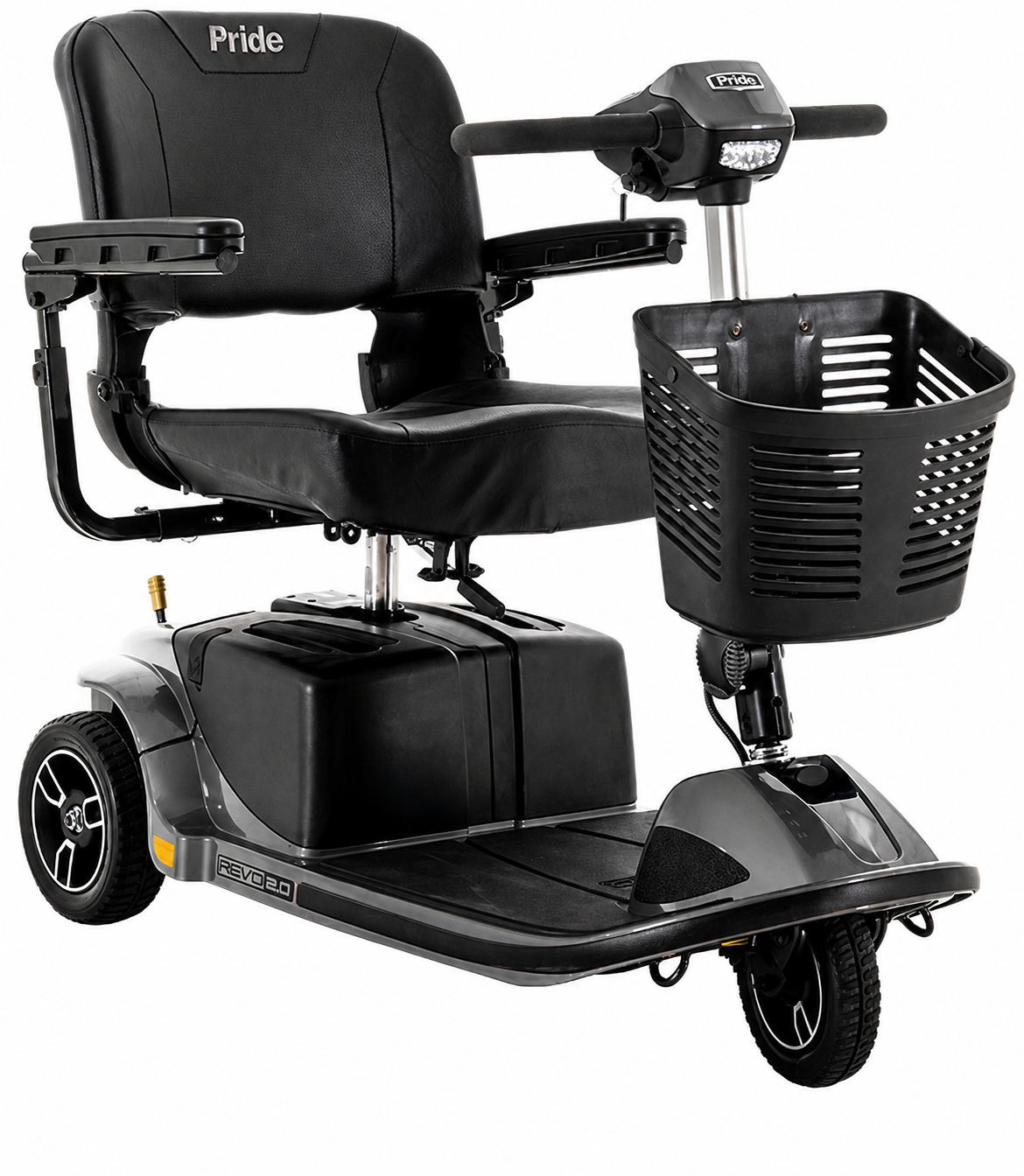 Black mobility scooter with a basket on a white background