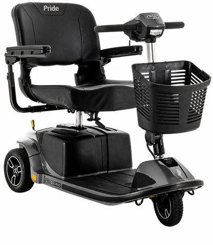 Black mobility scooter with a basket on a white background