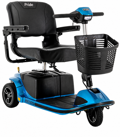 A blue and black electric mobility scooter with a black seat, side tray, front basket, and handle controls, shown on a plain white background.