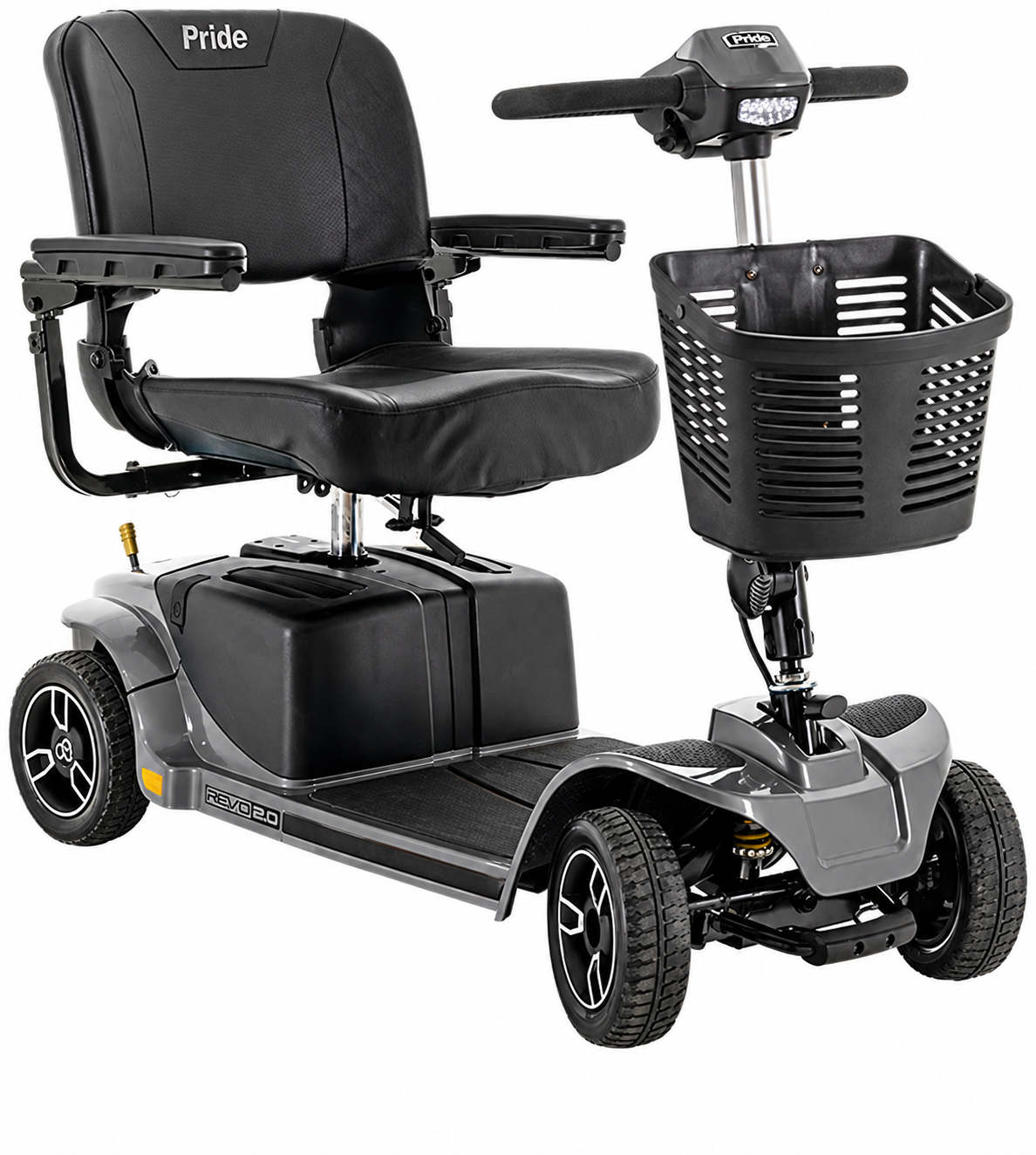 A gray and black electric mobility scooter with a high backrest seat, front basket, and rear wheels, shown on a plain white background. The brand name 'Pride' is visible on the backrest, and 'iRide GO' is visible on the side panel.