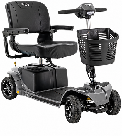 A gray and black electric mobility scooter with a high backrest seat, front basket, and rear wheels, shown on a plain white background. The brand name 'Pride' is visible on the backrest, and 'iRide GO' is visible on the side panel.
