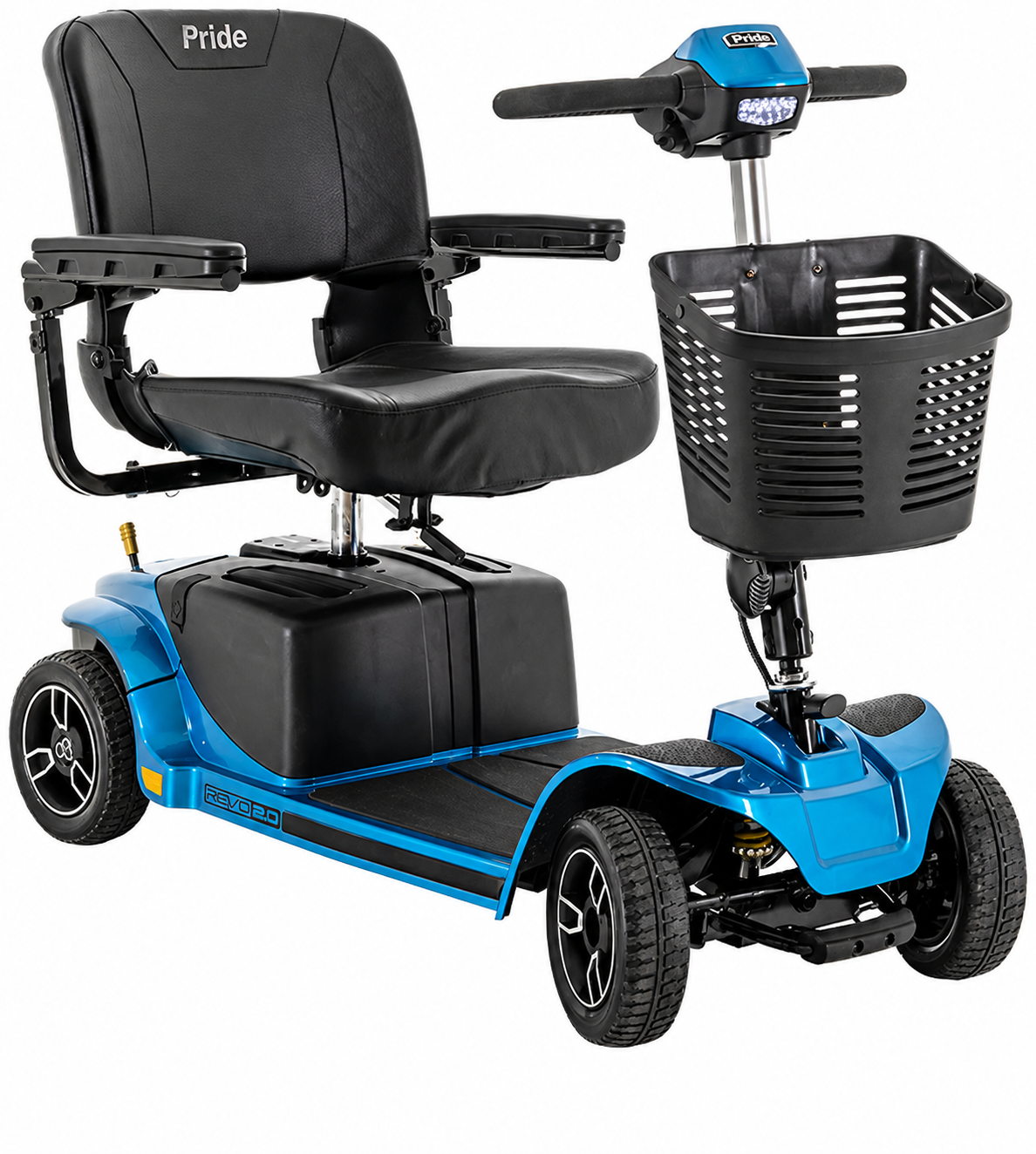 Blue and black Pride Serco electric mobility scooter with a front basket, shown on a clean white background.