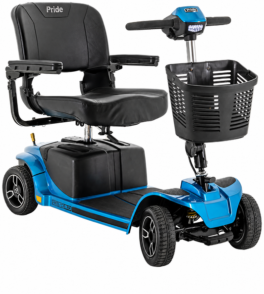 Blue and black Pride Serco electric mobility scooter with a front basket, shown on a clean white background.