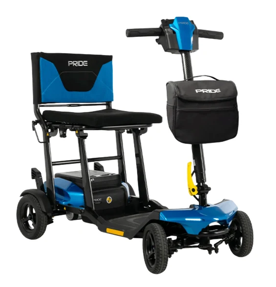 A blue and black electric mobility scooter with a high-back seat, three wheels, a separate black storage bag, and a handlebar, shown on a plain white background. The brand name 'PRIDE' is visible on the seat backrest and the storage bag.