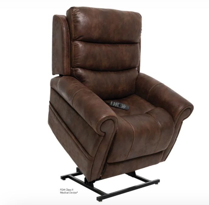 A brown faux leather medical lift recliner chair with a black metal support base, shown from a three-quarter angle on a white background.