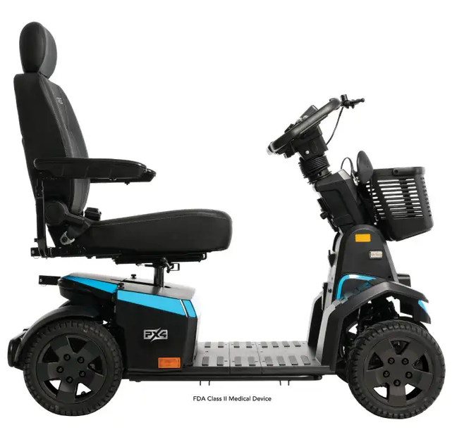Black DX4 Class II medical scooter with a seat, four wheels, a front basket, and a digital control console, shown on a white background with a small FDA Class II Medical Device label at the bottom.