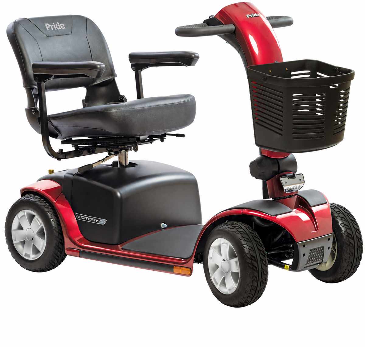 Black and red mobility scooter with a basket on a white background