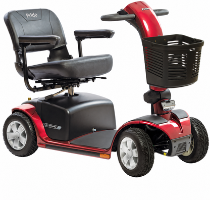 Black and red mobility scooter with a basket on a white background