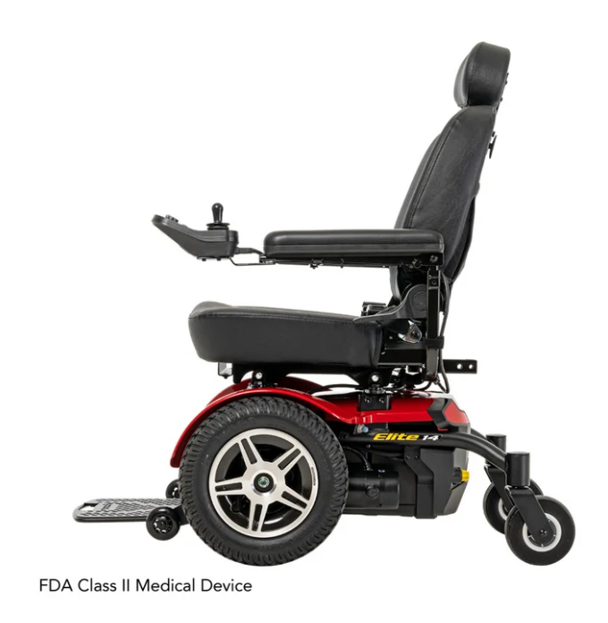 A red and black power wheelchair shown from a side profile view on a white background, with the text 'FDA Class II Medical Device' at the bottom left.