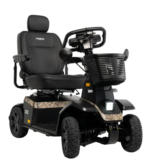 A black electric mobility scooter with camouflage accents on the side panels, featuring a high backrest seat with the 'PRODE' brand logo, a front storage basket, and four rugged tires, shown on a solid white background.