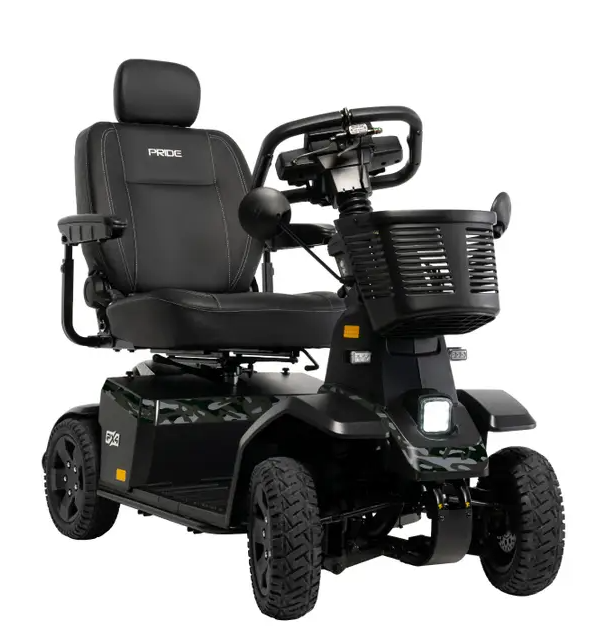 A black electric mobility scooter with a high-back seat, front storage basket, and rugged tires, shown on a plain white background. The brand name 'PRIDE' is visible on the backrest.