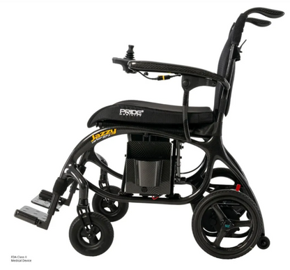 A black electric wheelchair with a carbon fiber frame, shown from a three-quarters side view on a white background. The brand 'Pride Power' is visible on the seat cushion, and 'Jazzy' is on the frame.
