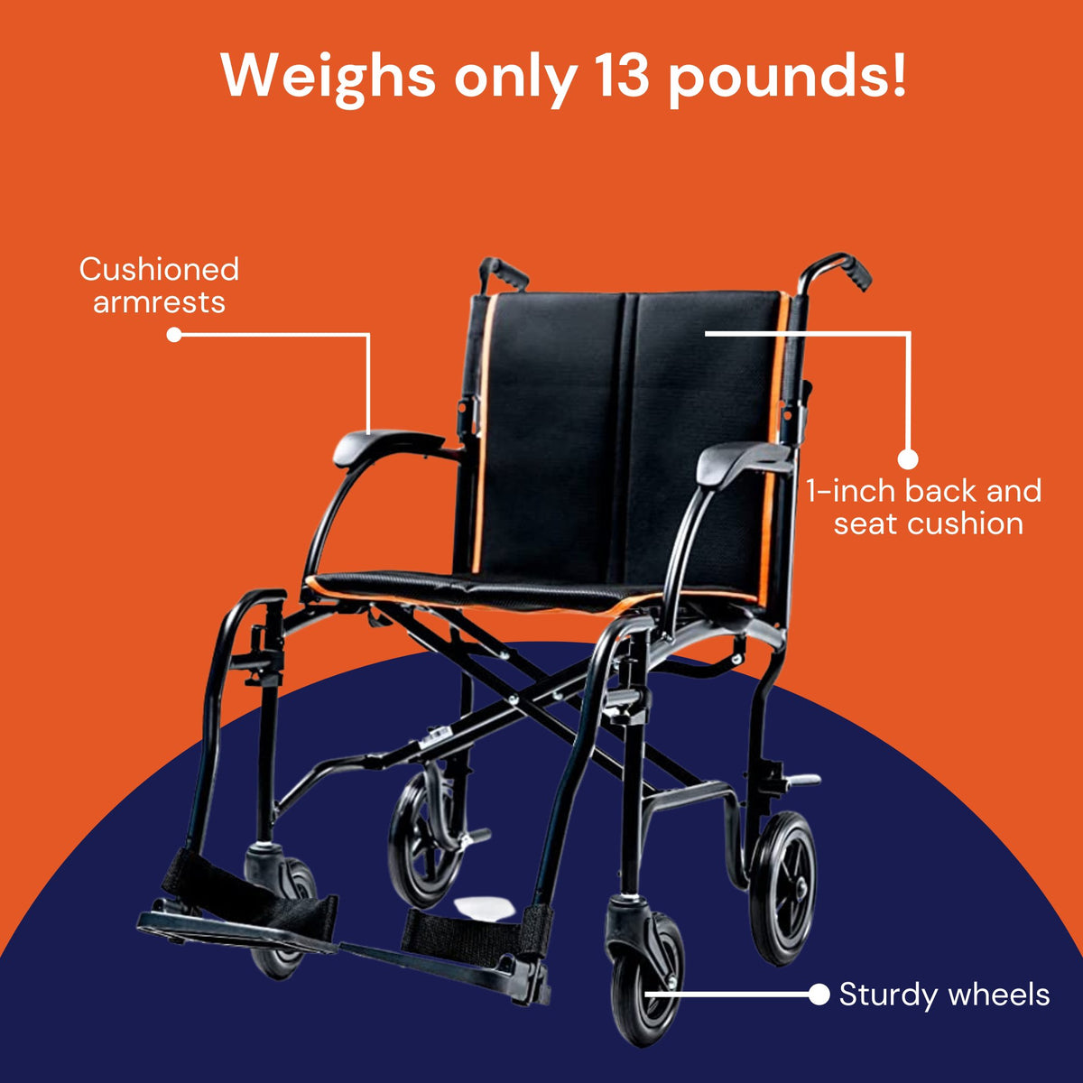 Feather Transport Chair weighing 13 pounds, featuring cushioned armrests, 1-inch back and seat cushion, and sturdy wheels