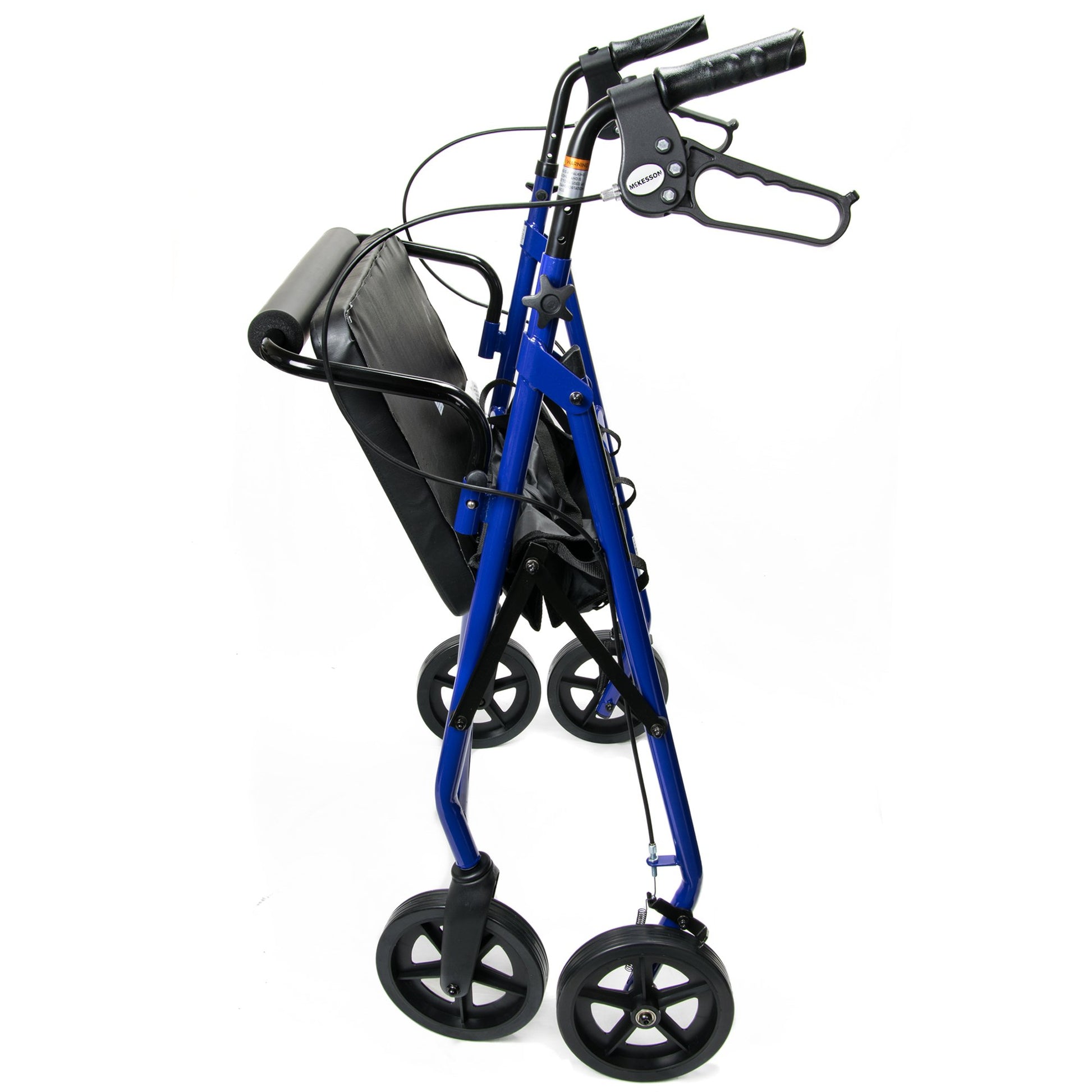McKesson Bariatric Folding Four-Wheel Rollator in blue shown folded and collapsed for compact storage or transport