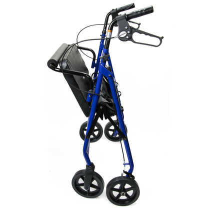 McKesson Bariatric Folding Four-Wheel Rollator in blue shown folded and collapsed for compact storage or transport
