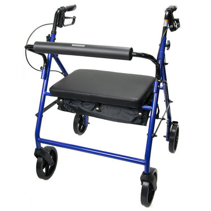 McKesson Bariatric Folding Four-Wheel Rollator in blue with black padded seat, backrest, vinyl storage pouch, and 8-inch swivel casters