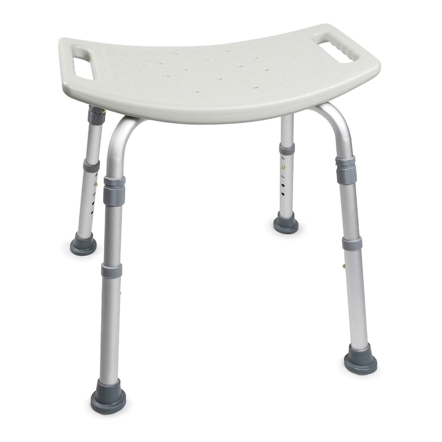 Adjustable aluminum frame bath transfer bench with a white seat, designed for mobility assistance in shower environments.