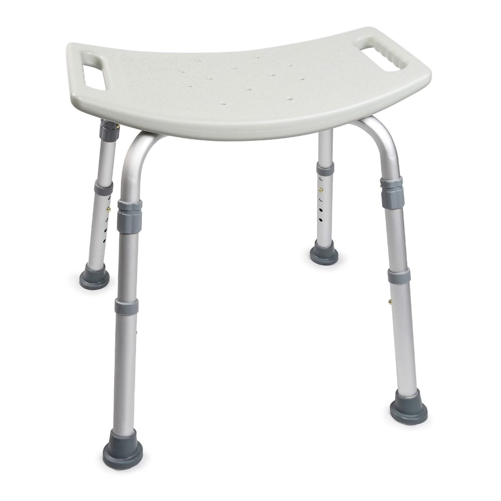 Adjustable aluminum frame bath transfer bench with a white seat, designed for mobility assistance in shower environments.