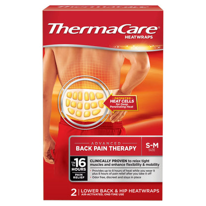 Packaging for ThermaCare HeatWraps Instant Hot Pack, showing the product's use for back pain relief with a small/medium size indicator.